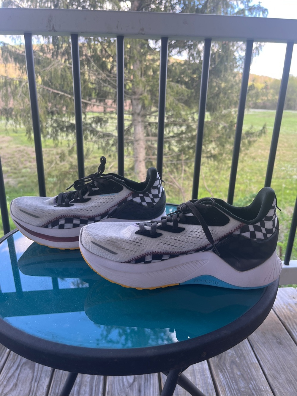 Saucony White Black Checkered Athletic Shoes with Yellow Outsole